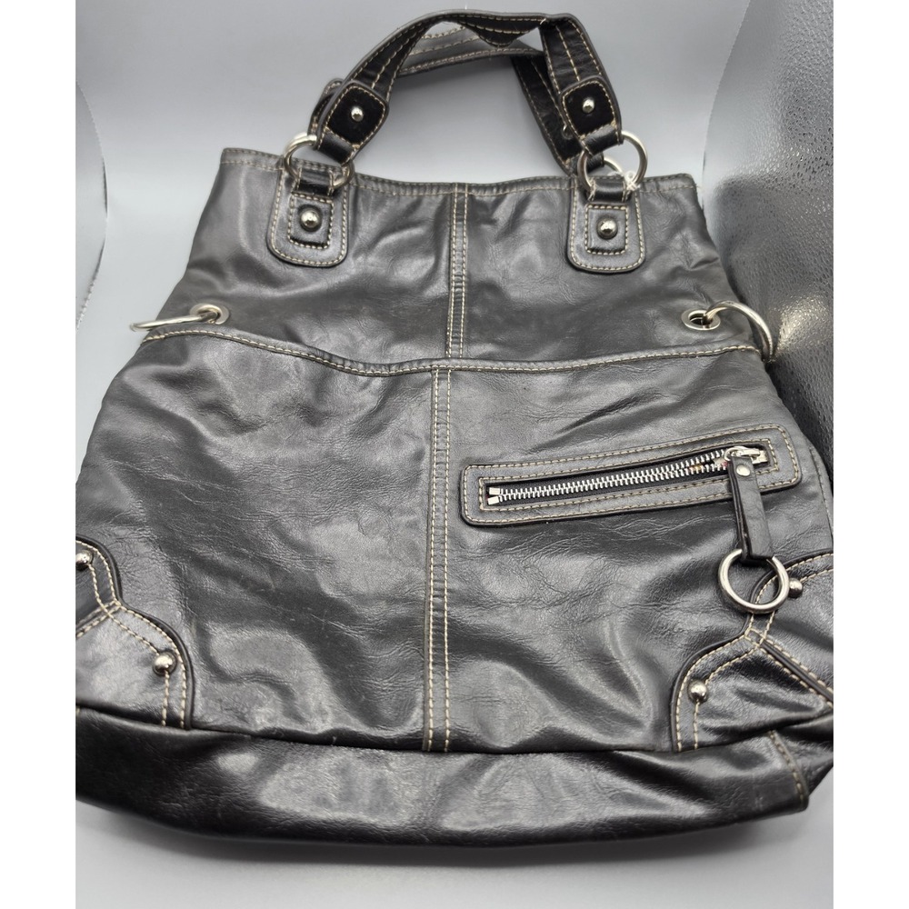 Nine West Black Shoulder Bag Tote Purse Silver Hardware Contrast Stitching Y2k - Picture 2 of 13